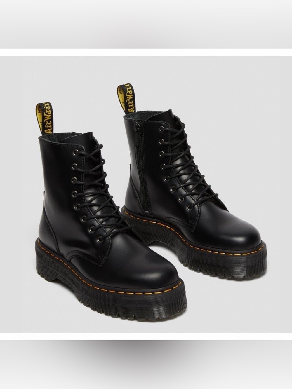 Dr. Martens Black Leather Platform Lace-Up Boots with Yellow Welt
